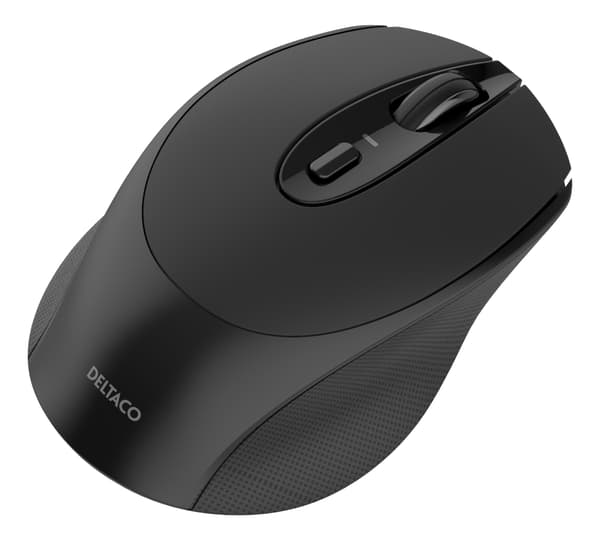 DELTACO trådløs, kompakt og lydløs mus, 1600 DPI, USB-mottaker, 4 knapper, mørkegrå