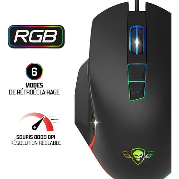 Spirit Of Gamer PRO M1, Ergonomisk trådbunden RGB-spelmus med tumstöd, 7 programmerbara knappar, 8000 DPI optisk sensor