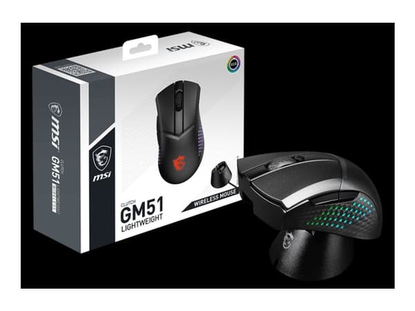 MSI Clutch GM51 - Mus - lettvekts - høyrehendt - optisk - 6 knapper - trådløs, kablet - 2.4 GHz, Bluetooth - USB trådløs mottaker Sort