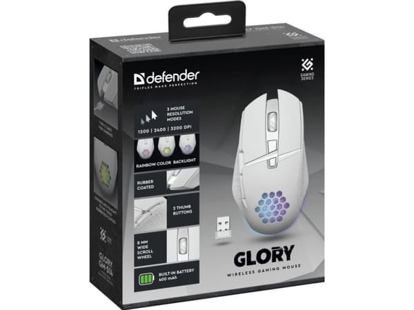 Defender GLORY GM-514, högerhand, Optisk, RF Trådlös, 3200 DPI, Vit