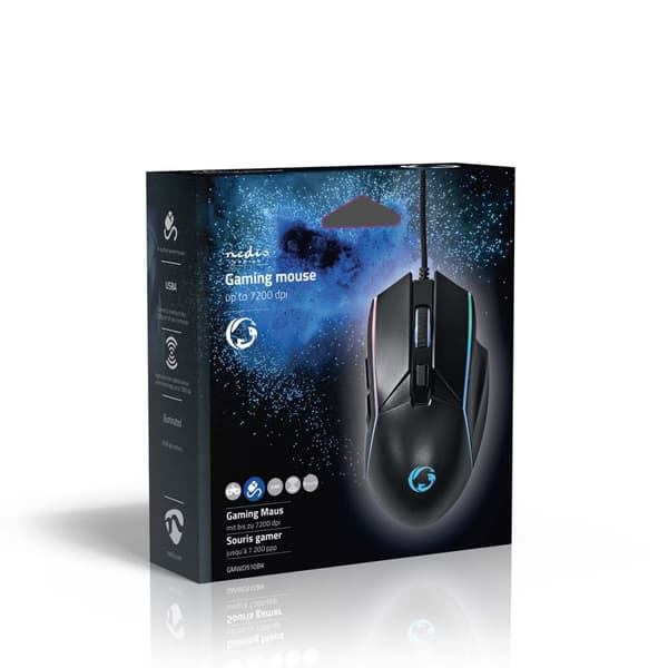 Nedis Gaming Mus | Trådbundet | 800 / 1200 / 2400 / 3200 / 4800 / 7200 dpi | Justerbar DPI | Antal knappar: 6 | Högerhänt | 1.50 m | LED