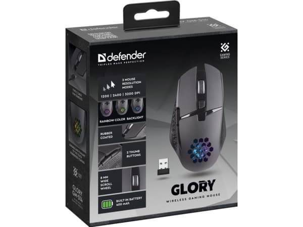 Defender GLORY GM-514, högerhand, Optisk, RF Trådlös, 3200 DPI, Svart
