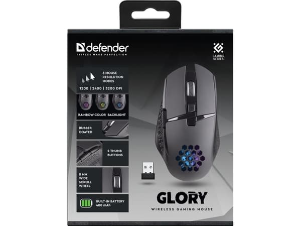 Defender GLORY GM-514, högerhand, Optisk, RF Trådlös, 3200 DPI, Svart