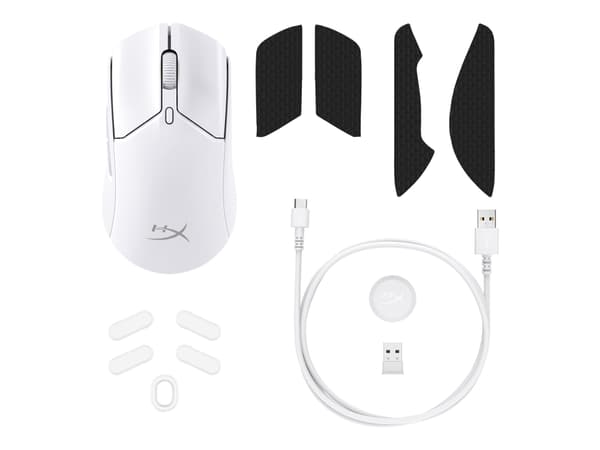 HyperX Pulsefire Haste 2 - Mus - optisk - 6 knapper - trådløs, kablet - 2.4 GHz, Bluetooth 5.0 - USB trådløs mottaker - hvit