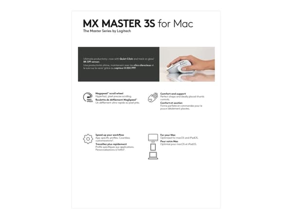 Logitech Master Series MX Master 3S for Mac - Wireless Bluetooth Mouse with Ultra-fast Scrolling - Pale Gray - Mus - ergonomisk - optisk - 7 knapper