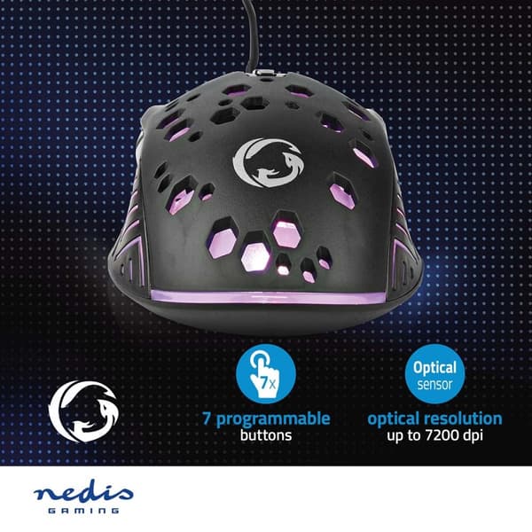 Nedis Gaming Mus | Trådbundet | 800 / 1200 / 2400 / 3200 / 4800 / 7200 dpi | Justerbar DPI | Antal knappar: 7 | Programmerbara knappar | Högerhänt | 1