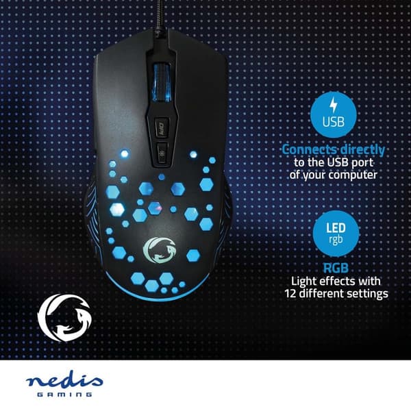 Nedis Gaming Mus | Trådbundet | 800 / 1200 / 2400 / 3200 / 4800 / 7200 dpi | Justerbar DPI | Antal knappar: 7 | Programmerbara knappar | Högerhänt | 1