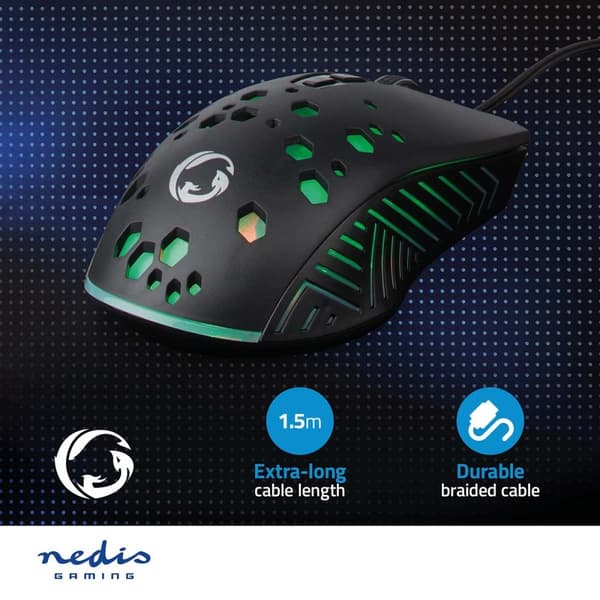 Nedis Gaming Mus | Trådbundet | 800 / 1200 / 2400 / 3200 / 4800 / 7200 dpi | Justerbar DPI | Antal knappar: 7 | Programmerbara knappar | Högerhänt | 1