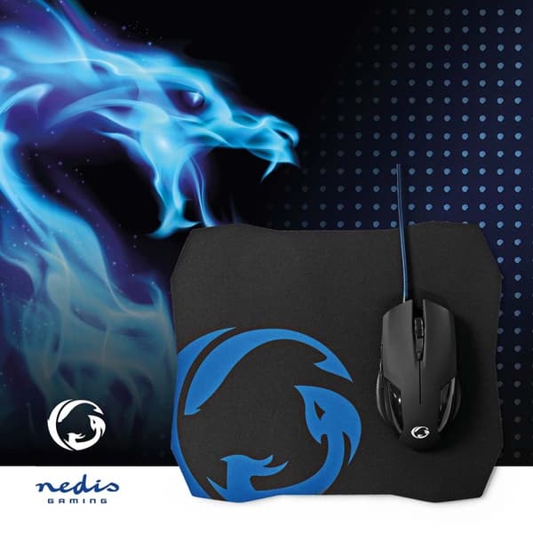 Nedis Gaming Mus og Mussemåtte Sæt | Kabel | 1200 / 2400 / 4800 / 7200 dpi | Justerbar DPI | Antal knapper: 6 | Højrehåndet | 1.50 m | Uden Belysning