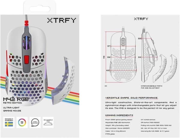 Xtrfy M42. Formfaktor: Ambidextrous. Rörelsedetekteringsteknik: Optisk, Enhetsgränssnitt: USB Typ-A, Rörelseupplösning: 16000 DPI, Knapptyp: Tryckta k