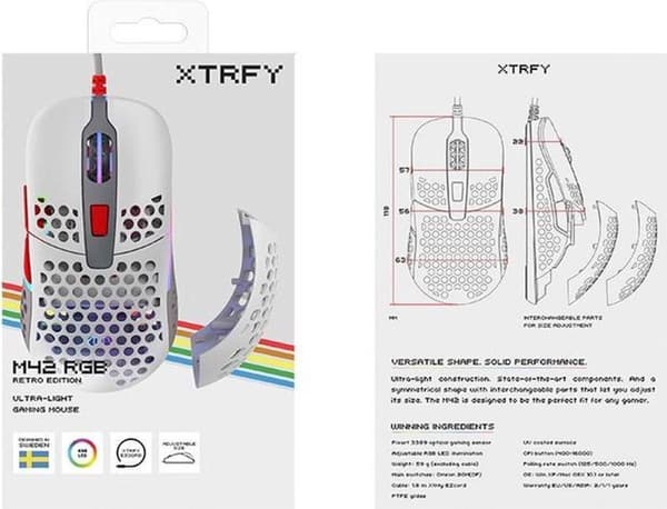 Xtrfy M42. Formfaktor: Ambidextrous. Rörelsedetekteringsteknik: Optisk, Enhetsgränssnitt: USB Typ-A, Rörelseupplösning: 16000 DPI, Knapptyp: Tryckta k