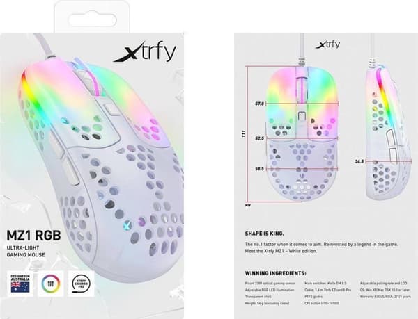 Xtrfy MZ1. Rörelsedetekteringsteknik: Optisk, Enhetsgränssnitt: USB Typ-A, Svarstid: 8 ms, Typ av knappar: Tryckta knappar, Scrolltyp: Ring, Accelerat