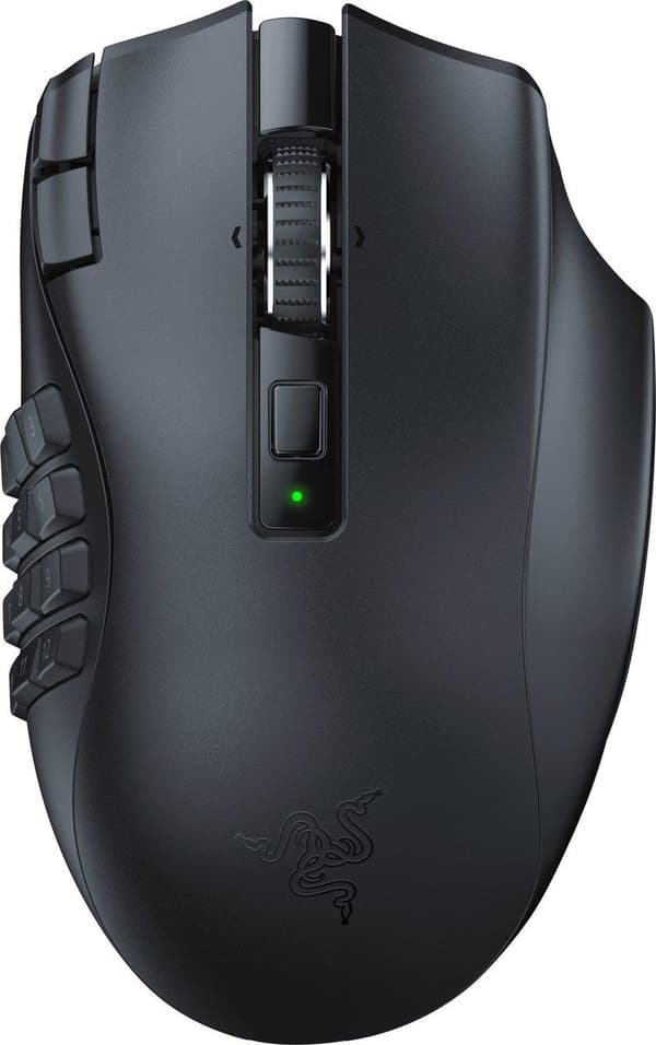 Razer Naga V2 HyperSpeed  - Mus - ergonomisk - högerhänt - optisk - 21 knappar - trådlös - Bluetooth, 2,4 GHz - trådlös mottagare (USB) (RZ01-03600100 Svart