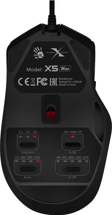 BLOODY X5 Max, Ambidextrous, USB Type-A, 10000 DPI, Svart