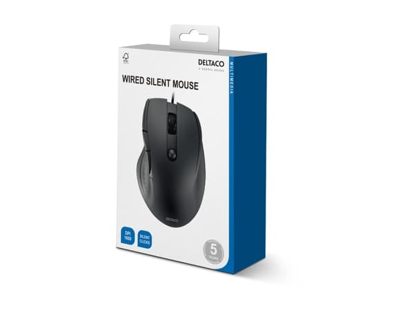 DELTACO - Mus - silent, 600-1600 dpi - 5 knappar - kabelansluten - USB - svart - hängande låda Svart