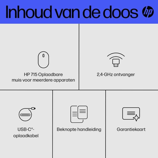 HP 715 - Mus - multi-enhet, laddningsbar - 7 knappar - trådlös, trådbunden - 2,4 GHz, Bluetooth 3.0 - trådlös mottagare (USB) - svart (6E6F0AA#ABB)