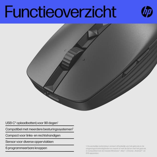 HP 715 - Mus - multi-enhet, laddningsbar - 7 knappar - trådlös, trådbunden - 2,4 GHz, Bluetooth 3.0 - trådlös mottagare (USB) - svart (6E6F0AA#ABB)