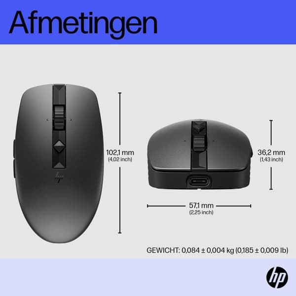 HP 715 - Mus - multi-enhet, laddningsbar - 7 knappar - trådlös, trådbunden - 2,4 GHz, Bluetooth 3.0 - trådlös mottagare (USB) - svart (6E6F0AA#ABB)