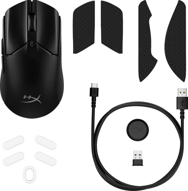 HyperX Pulsefire Haste 2 - Mus - optisk - 6 knappar - trådlös, trådbunden - 2,4 GHz, Bluetooth 5.0 - trådlös mottagare (USB) - svart
