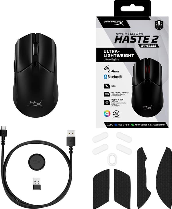 HyperX Pulsefire Haste 2 - Mus - optisk - 6 knappar - trådlös, trådbunden - 2,4 GHz, Bluetooth 5.0 - trådlös mottagare (USB) - svart