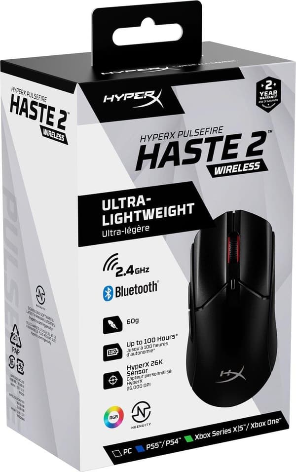 HyperX Pulsefire Haste 2 - Mus - optisk - 6 knappar - trådlös, trådbunden - 2,4 GHz, Bluetooth 5.0 - trådlös mottagare (USB) - svart