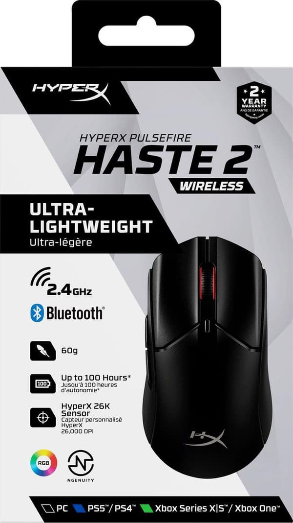 HyperX Pulsefire Haste 2 - Mus - optisk - 6 knappar - trådlös, trådbunden - 2,4 GHz, Bluetooth 5.0 - trådlös mottagare (USB) - svart