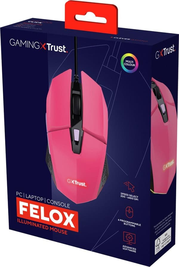 Trust Gaming GXT 109P Felox - Hiiri - valaistu peli - 6 painiketta - langallinen - USB - tehokas pinkki (25068)