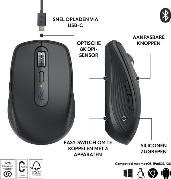 Logitech MX Anywhere 3S - Mus - optisk - 6 knappar - trådlös - Bluetooth - Logitech Logi Bolt USB-mottagare - Grafit (910-006929)