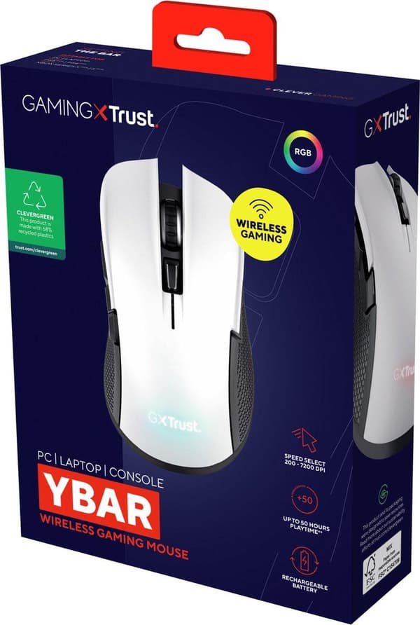 Trust GXT 923W Ybar - mus - spel - högerhänt - 6 knappar - trådlös - 2,4 GHz - trådlös mottagare (USB) - vit