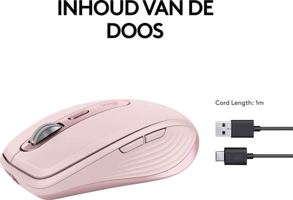 Logitech MX Anywhere 3S - Mus - optisk - 6 knapper - trådløs - Bluetooth - Logitech Logi Bolt USB-modtager - rosa (910-006931)