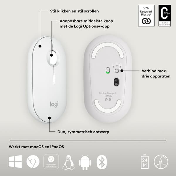Logitech Pebble 2 M350s - mus - optisk - 3 knapper - trådløs - Bluetooth 5.2 LE - tonal hvid
