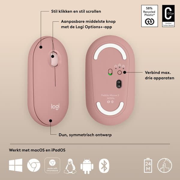 Logitech Pebble 2 M350s - mus - optisk - 3 knappar - trådlös - Bluetooth 5.2 LE - tonal rosa