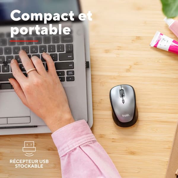 Trust Yvi+ Silent Wireless Mouse med hållbar design - 800-1600 DPI - USB-mottagare - Svart