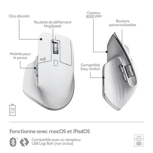 Logitech MX Master 3S Mus för Mac - Trådlös Bluetooth - Blekgrå