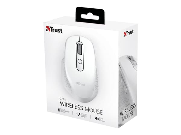 Trust Ozaa - Mus - compact, multi-device - høyrehendt - optisk - 6 knapper - trådløs - 2.4 GHz, Bluetooth - USB trådløs mottaker - hvit Hvit