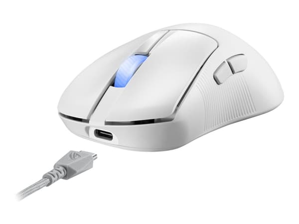 ASUS ROG Keris II Ace - Mus - ergonomisk - högerhänt - optisk - 7 knappar - kabelansluten, trådlös - USB, Bluetooth 5.1, 2.4 GHz - USB ROG Omni trådl Vit