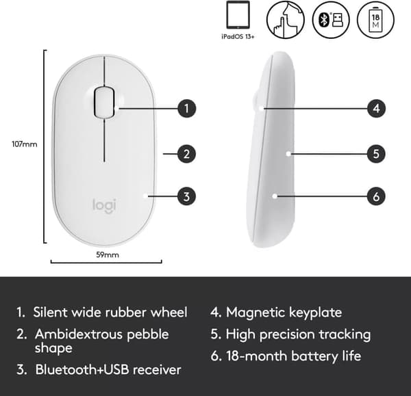 VALKOINEN Logitech PEBBLE i345 LANGATON Hiiri iPadiin, 1000 DPI