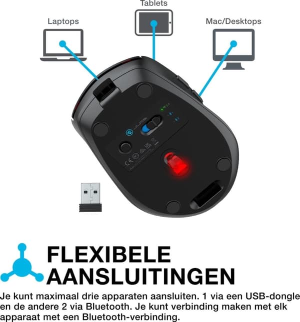 JLab Go Recharge Mouse Ambidextrous Bluetooth + USB Type-A 1600 DPI (IEUMGOCHRGMSRBLK124)