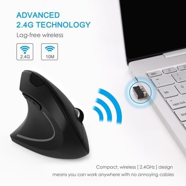 Vänsterhänt optisk mus, trådlös vertikal modell | Ergonomisk design - förebyggande av epikondylit för armen | 6 knappar