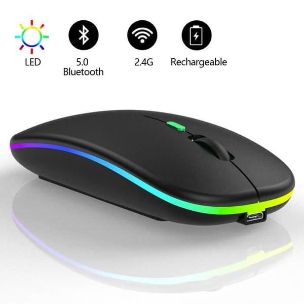 Uppladdningsbar trådlös mus, 7 färger bakgrundsbelyst mus med 2,4 GHz mini USB-mottagare, spelmus