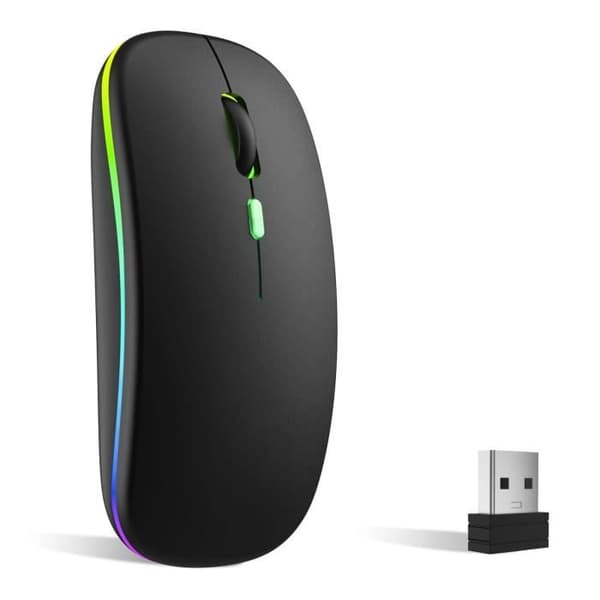 Uppladdningsbar trådlös mus, 7 färger bakgrundsbelyst mus med 2,4 GHz mini USB-mottagare, spelmus
