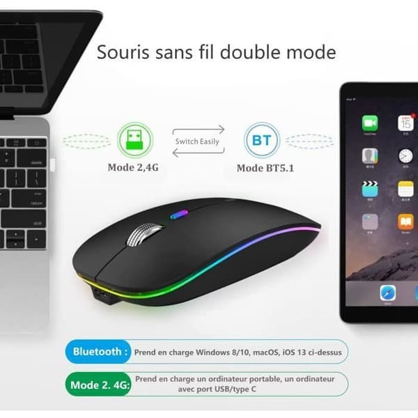 Trådlös mus, bärbar uppladdningsbar Bluetooth-mus Silent Mouse (800-1200-1600DPI) för surfplatta/laptop/Windows/Linux Black