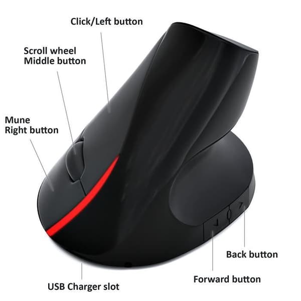 Optisk mus Vertikal modell Ergonomisk design, Trådlös - Uppladdningsbart batteri - Ergonomisk - Förebyggande av surt syndrom