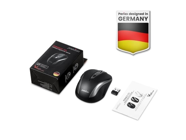 Perixx PERIMICE-721, högerhand, Optisk, RF Wireless + Bluetooth + USB Type-A, 1600 DPI, Svart, Silver