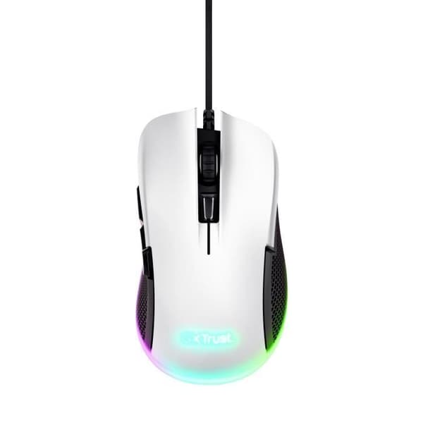 Trust Gaming GXT 922W Ybar USB trådbunden spelmus, 68 % återvunnet material, programmerbar, 200-7200 DPI, LED-belysning - vit Svart, Vit