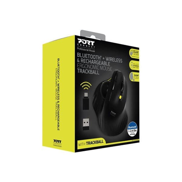 Ergonomisk mus - Port Connect - Trådlös Bluetooth - Uppladdningsbar - USB-A / USB-C - 5 knappar Svart
