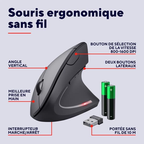 Trust Verto Ergonomic Vertical Wireless Mouse, Prevention of Mouse Syndrome and Epicondylit, för PC / Laptop / Mac Svart