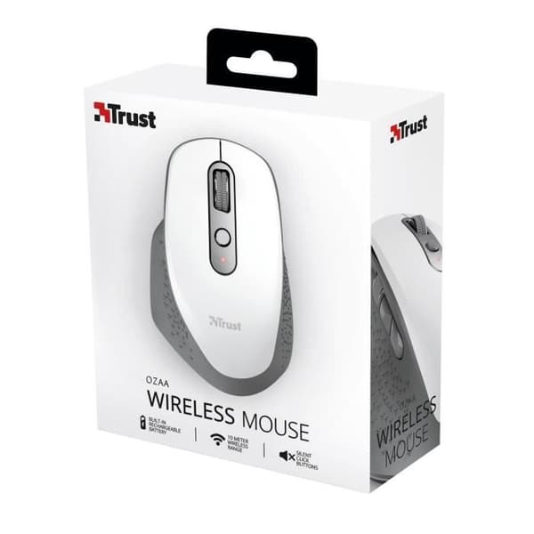 Trust Ozaa uppladdningsbar trådlös mus, ergonomisk, 6 knappar inklusive 2 tysta, USB-mottagare, 800-1200-1600-2400 DPI, vit