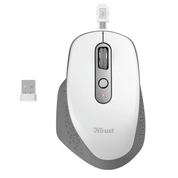 Trust Ozaa uppladdningsbar trådlös mus, ergonomisk, 6 knappar inklusive 2 tysta, USB-mottagare, 800-1200-1600-2400 DPI, vit