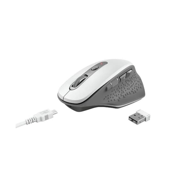 Trust Ozaa uppladdningsbar trådlös mus, ergonomisk, 6 knappar inklusive 2 tysta, USB-mottagare, 800-1200-1600-2400 DPI, vit
